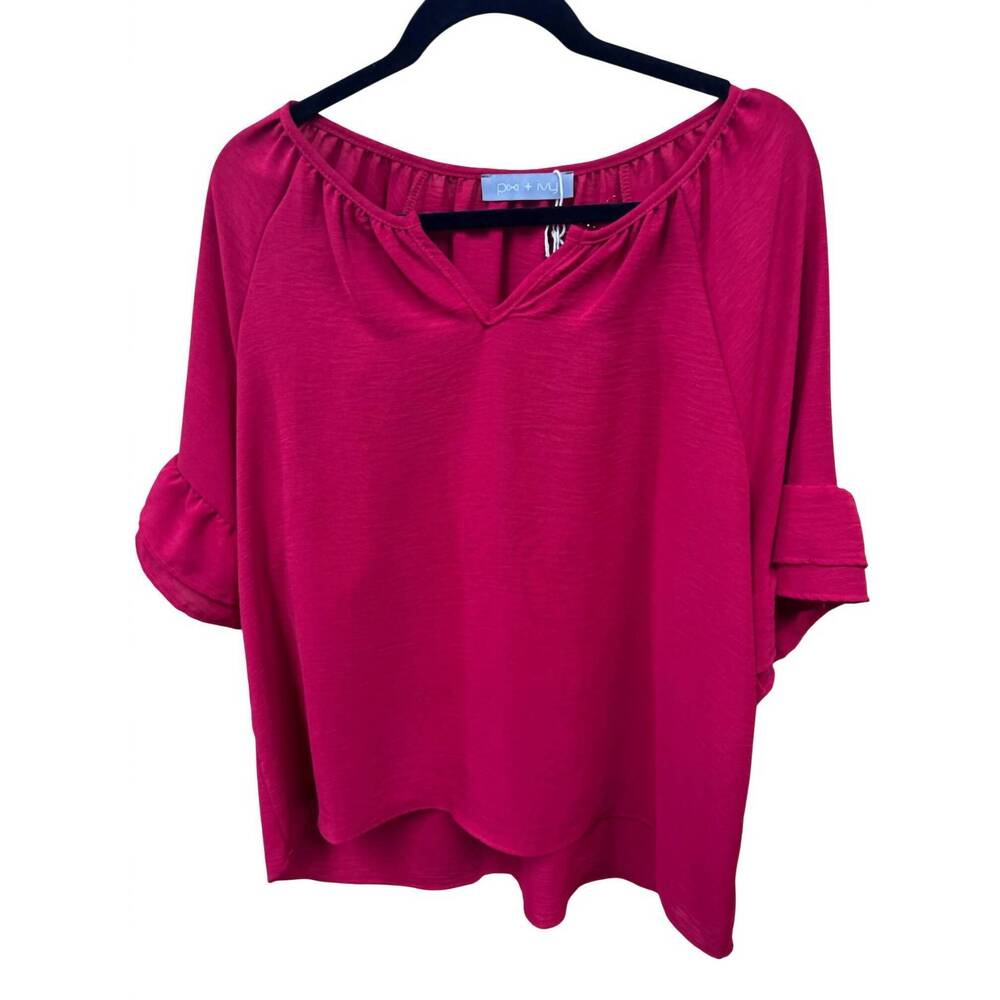 NEW PIXI + IVY women's ruffle sleeve tunic top in red